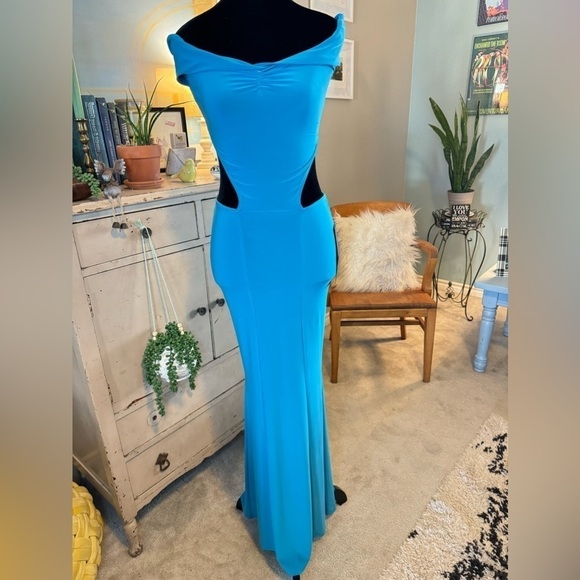 NWT Symphony Blue XS/S Dress Long BodyCon Side Cut Out Stretch Jersey Knit - Picture 1 of 11